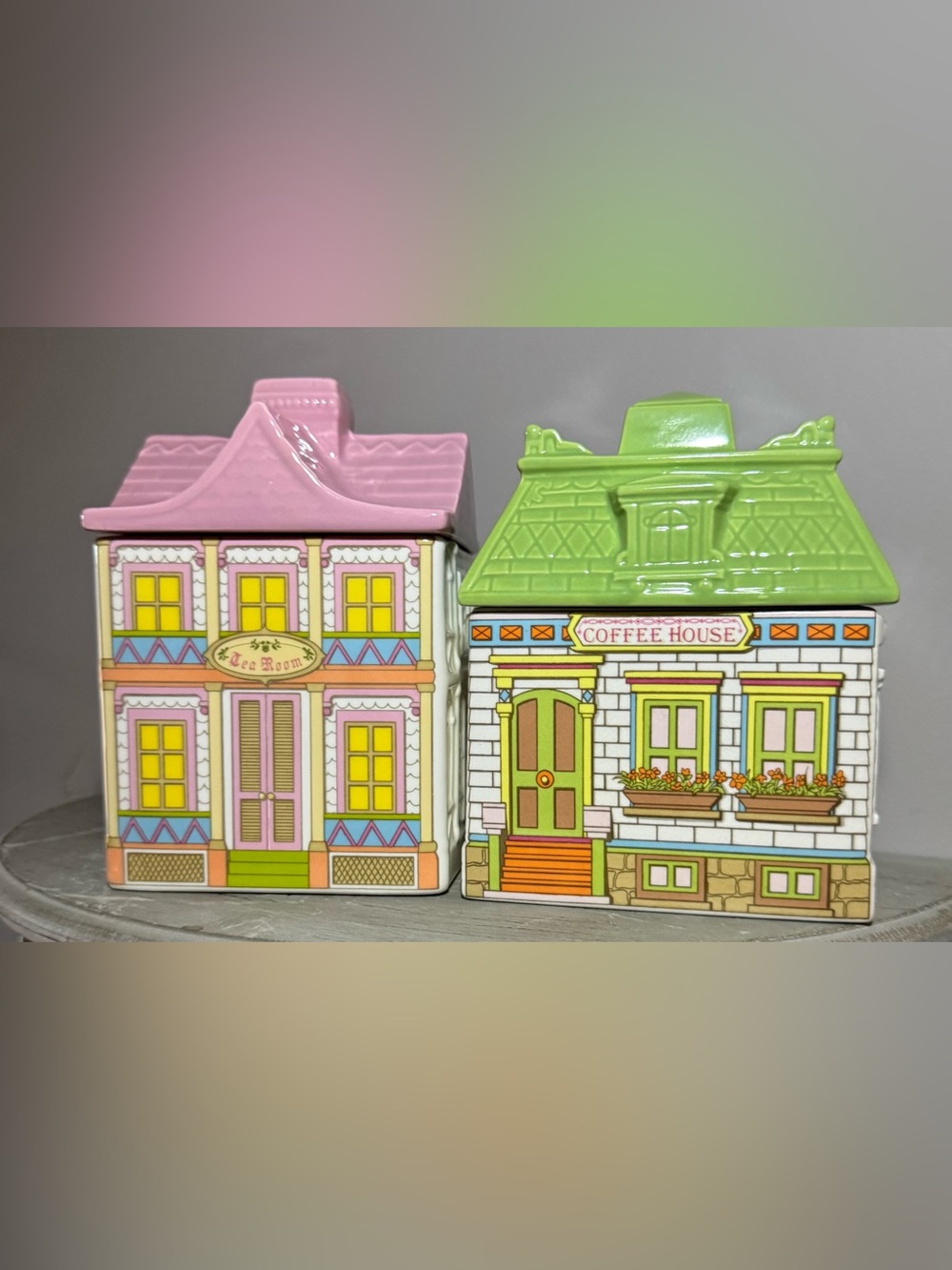 Avon Pink & Green Ceramic Coffee House Canisters